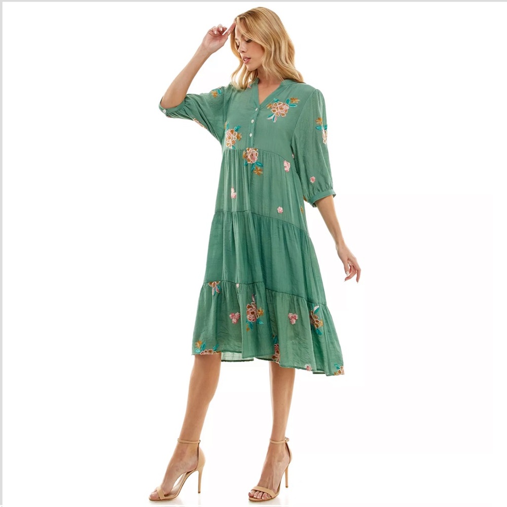 Figueroa & Flower Embroidered Floral Tiered Midi Dress Size XL